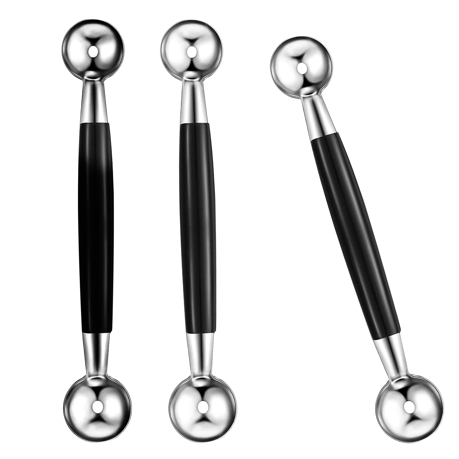 3 PCS Double Sided Melon Baller, Round Melon Ball Fruit Ballers Scoop Stainless Steel Melons Baller Scoop Melons Scoop Double Scoops Ice Cream Cone Double Dessert Scoop for Fruit Ice Cream