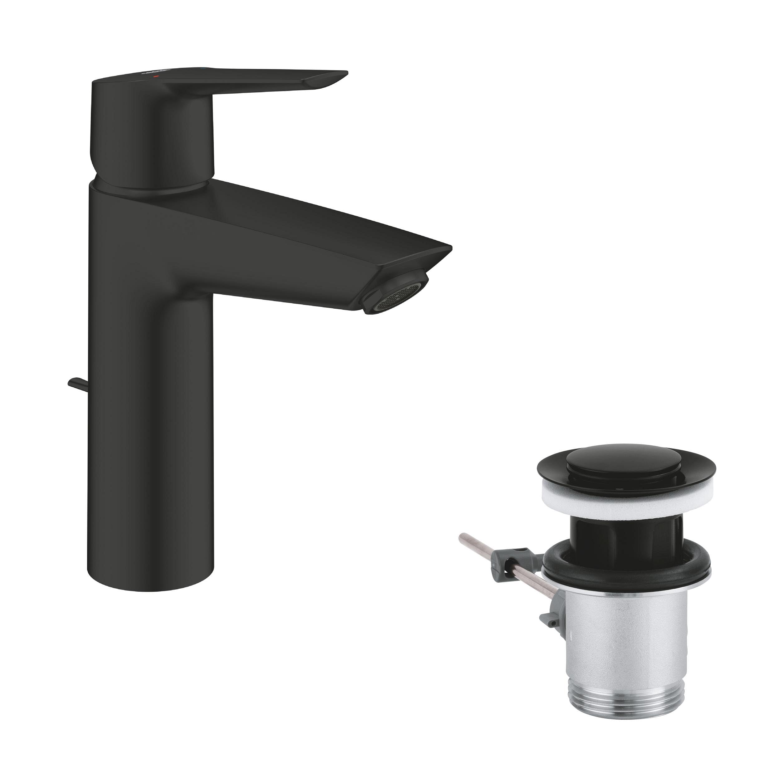 GROHE Start QuickFix – Single Lever Basin Mixer with Pop-Up Waste Wet (M-Size 192mm, 28 mm Ceramic Cartridge, Water Saving, Tails 3/8 Inch, Easy to Fit with GROHE QuickTool), Matt Black, 234552432