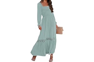 ZESICA Women's Boho Long Sleeve Square Neck Smocked High Waist Flowy A Line Lace Trim Maxi Dress