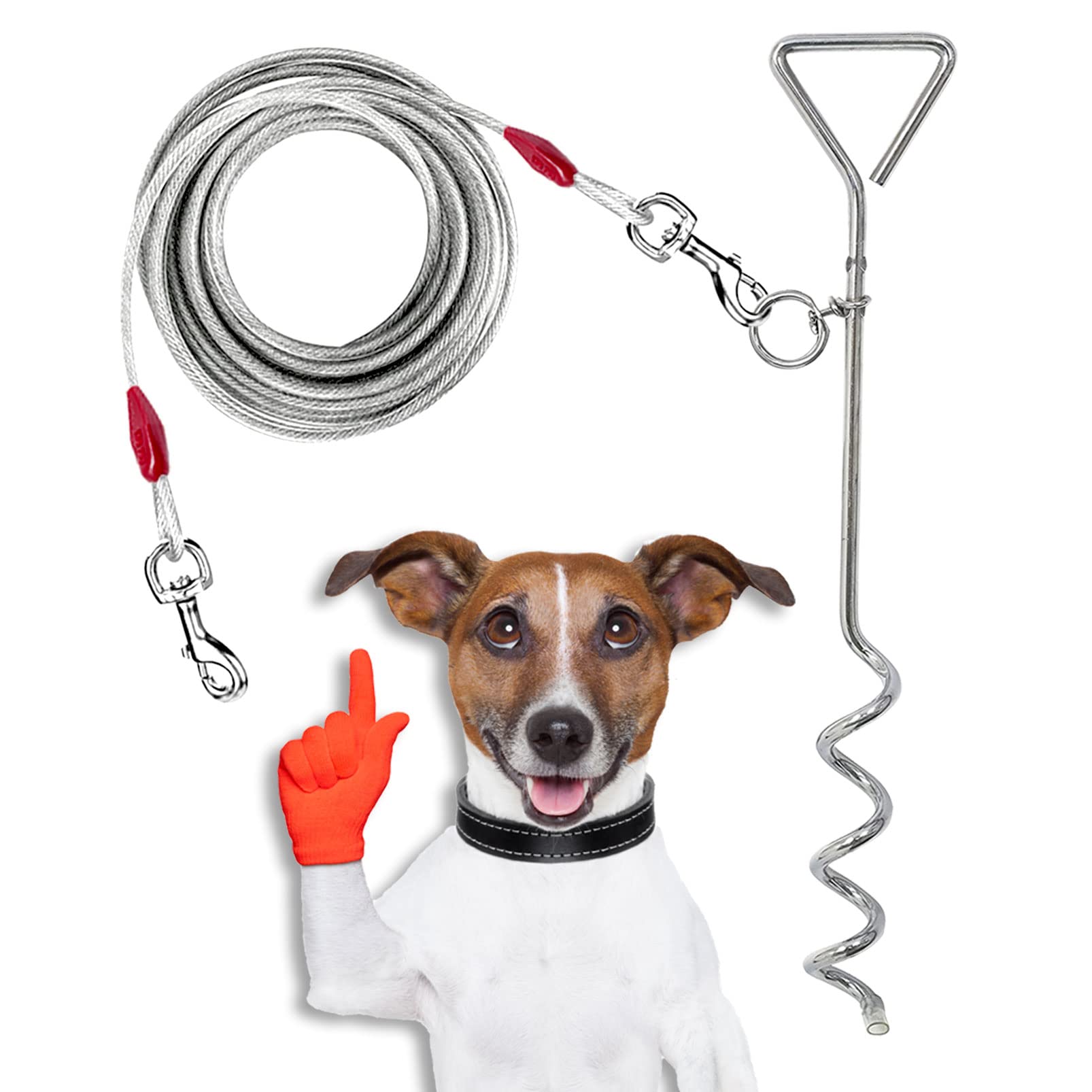 10ft (3m) Dog Tie Out Cable with 16" (40cm) Heavy Duty Steel Spiral Ground Spike Stake Dog Chains for Outside Tether, Camping Lead Hook Leash (3 metre)