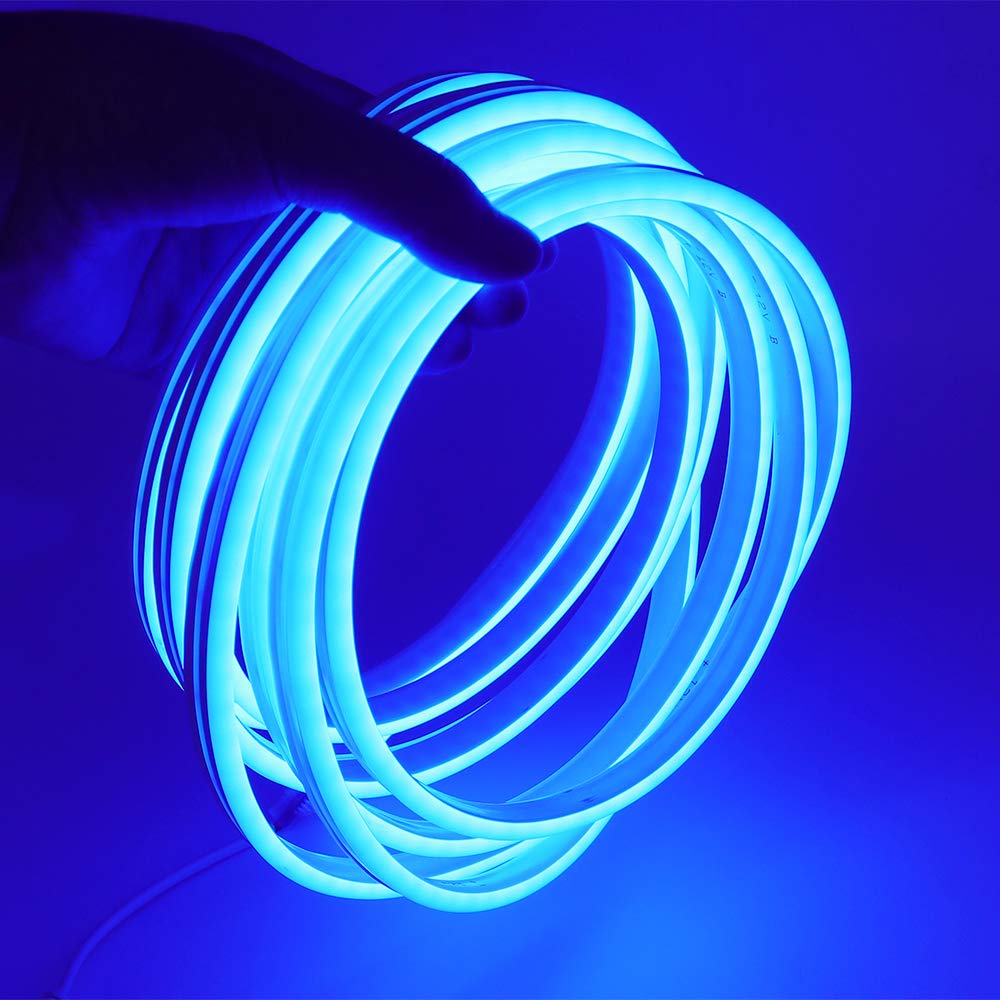 GQL Coloured 5m Packaged 12V Neon LED Strip Lights with Power Supply, SMD 2835 120leds/m Rope Ribbon (6x12mm) for Indoor Decor Outdoor Commercial Decking (Blue)