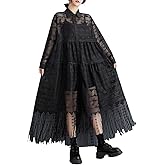 ellazhu Women's Dress Loose Oversize Casual Yarn-fabricated Holiday Maxi Black Lace Solid GZ337 A