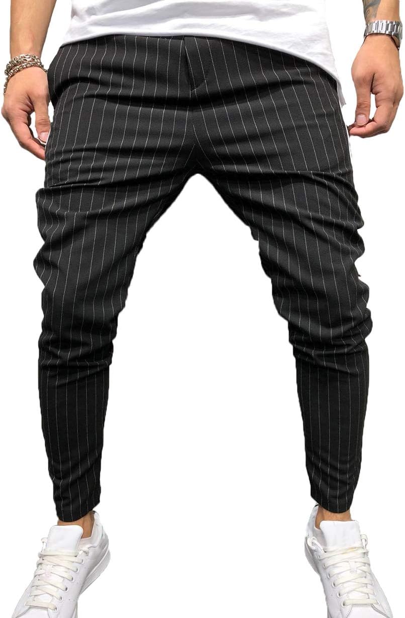 ZAXARRA Mens Casual Slim Fit Stripe Pants Skinny Long Pencil Pants