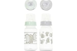 Disney Baby Bottles and Pacifiers Set – 2 Hourglass-Shaped 11oz Bottles + 2 Orthodontic Pacifiers – Officially Licensed Mickey, Minnie, Pooh & Dumbo Designs – BPA-Free Feeding Gift Set