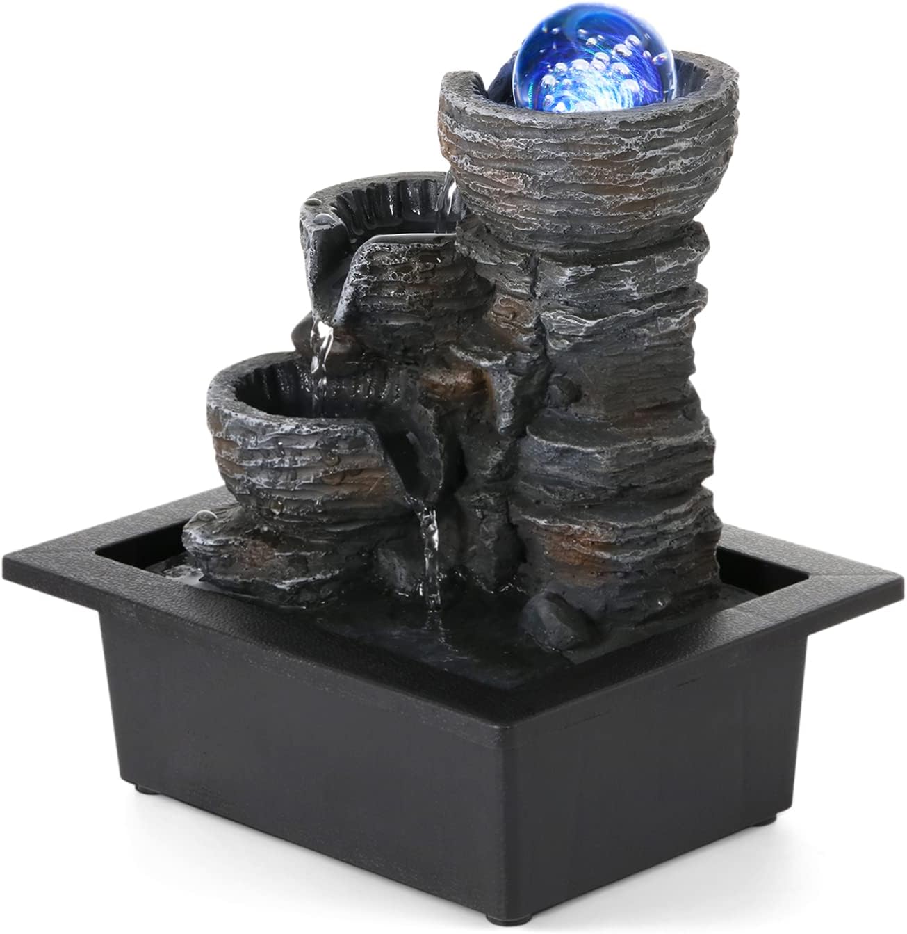Indoor Fountains & Accessories - POWLAB Tabletop Water Fountain,Environmental Resin Meditation Fountain,Desktop Fountain,3-Tier Indoor Waterfall Feature with Crystal Ball and Light for Home Office Decor Relaxation 10''X9''X6.9''