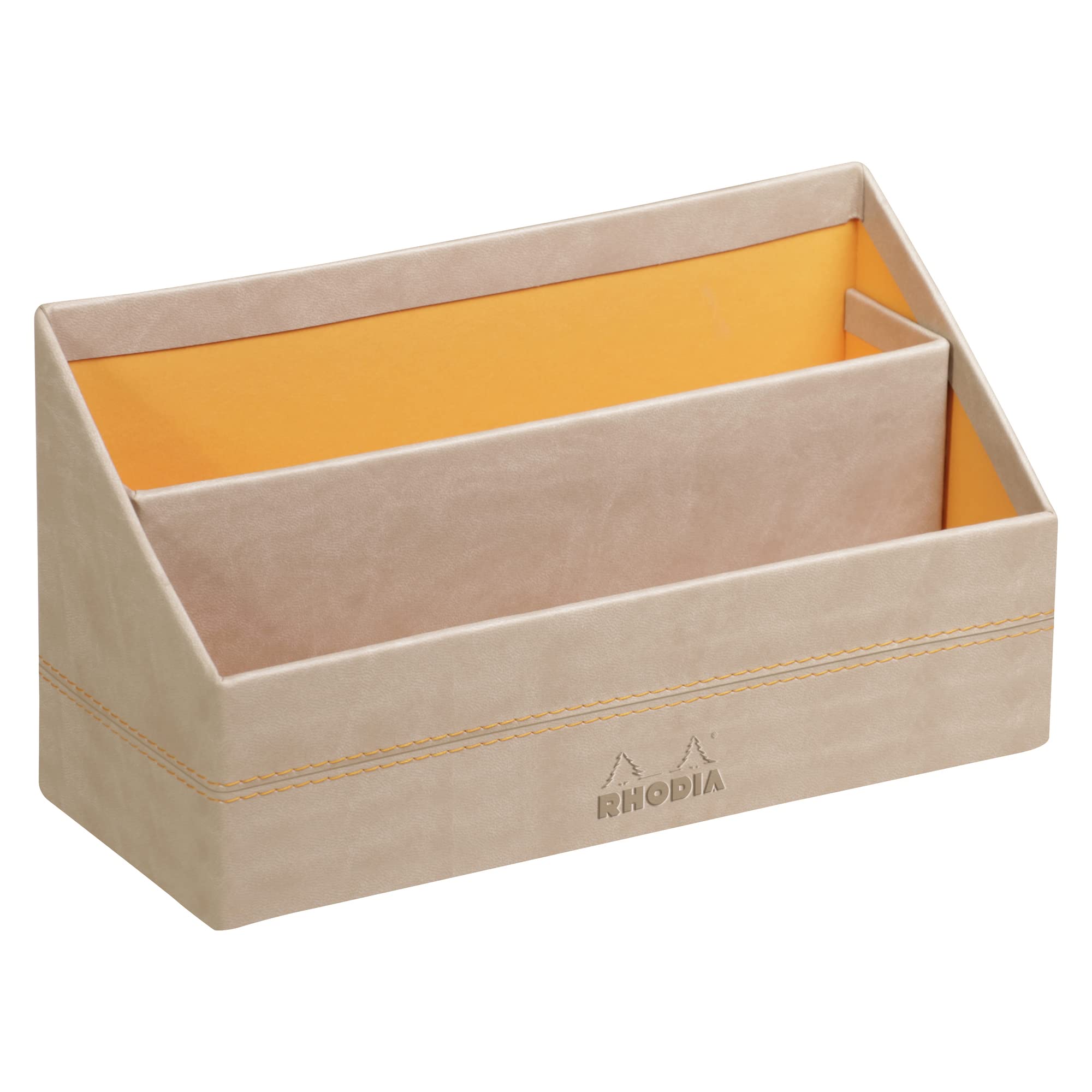 RHODIA 318845C - Beige Letter Holder - 25x10x14 cm - Orange Saddle Stitching - Faux Leather Exterior - Rhodiarama Home Office Collection - Office Organization & Designer Storage