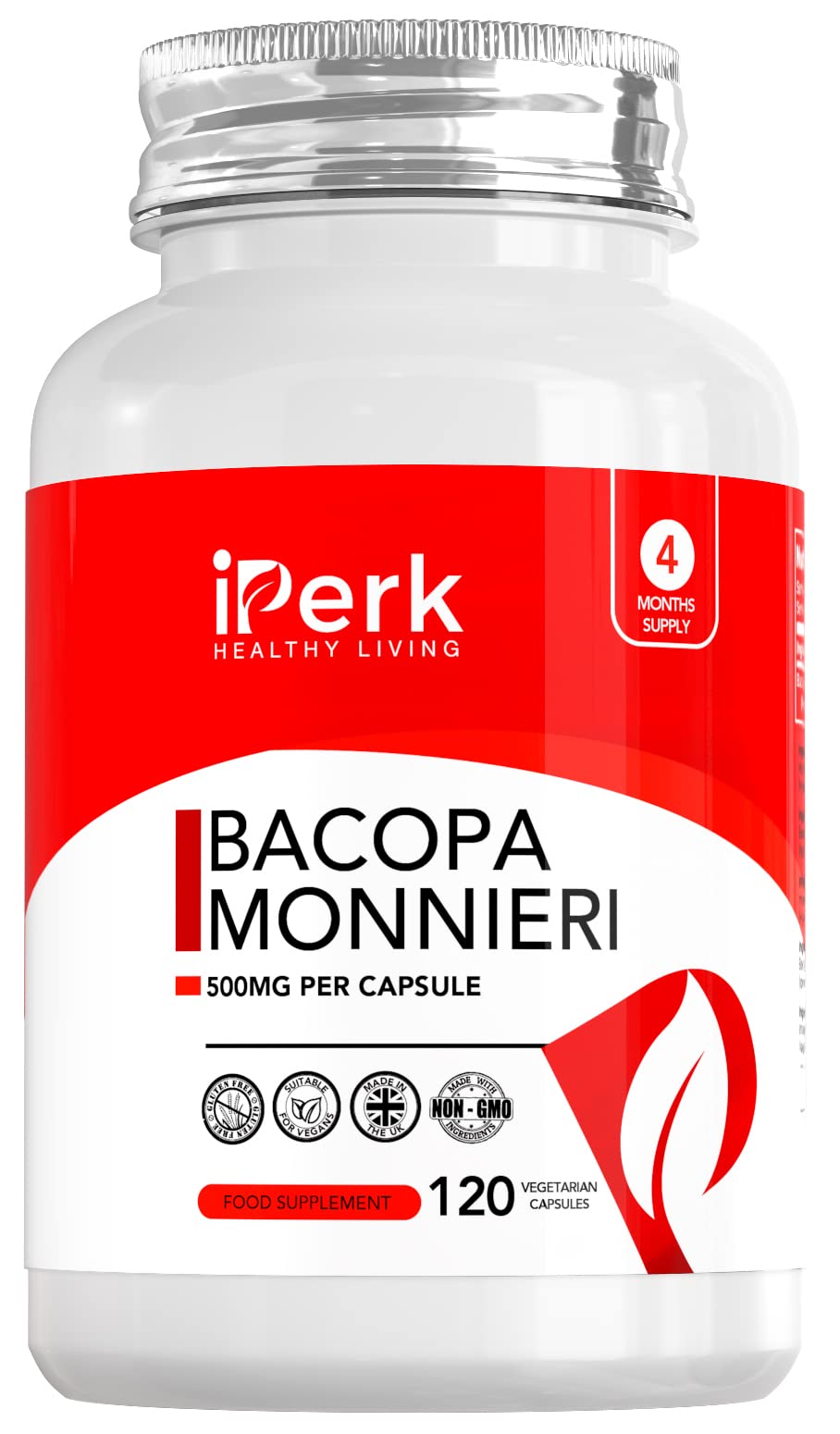 Bacopa Monnieri 500mg High Strength 120 Vegan Capsules Brahmi Extract Manufactured in ISO Lisenced Facilities Non - GMO, Dairy Free, Allergen Free & Gluten Free