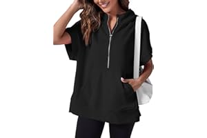 Fisoew Womens Oversized Half Zip Hoodies Short Sleeve Casual Sweatshirts Pullover Tops with Pockets