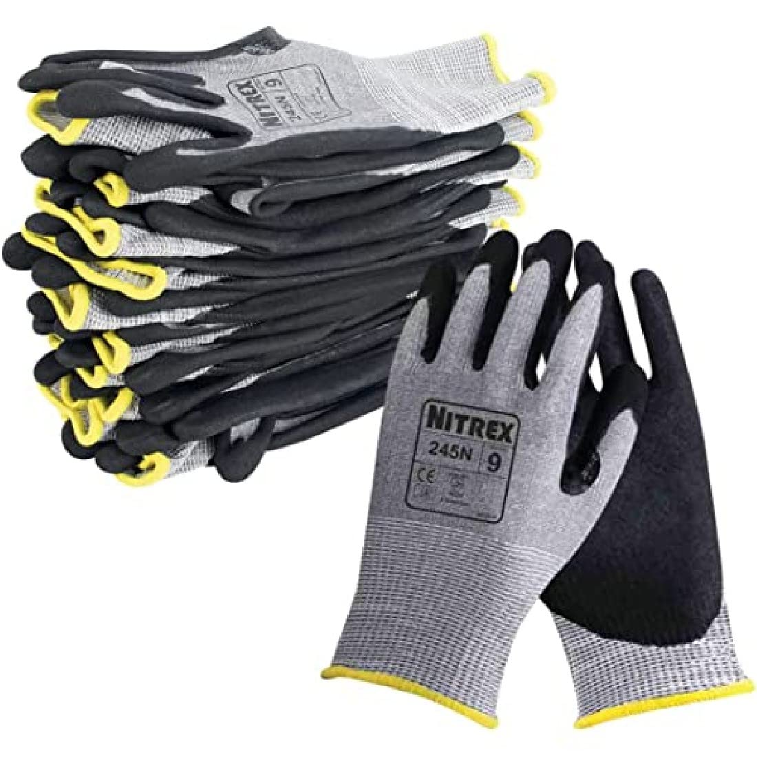 Nitrex 245N Work and Safety Gloves, Bag of 10 Pairs, Size 10 - D Rated Cut Resistant Gloves with Sandy Nitrile Palm Coating