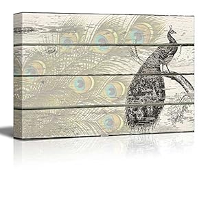 Lithographic Peacock with Feathers Artwork Rustic