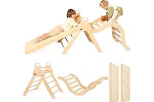 KIDHABE 7 in 1 Handled Pikler Triangle Set with 41in Ramp & Arch Rocker, Foldable Montessori Climbing Set, Wooden Climbing Toy for Toddler Indoor Baby Climbing Gym