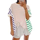 Tankaneo Womens Oversized Striped T-Shirts Color Block Short Sleeve Tee Tops Summer Casual High Low Hem Shirts