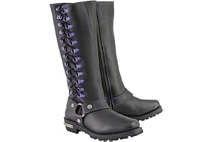 Milwaukee Leather Women's Black 14-inch Leather Harness Motorcycle Boots with Purple Accent Lacing MBL9366-8.5