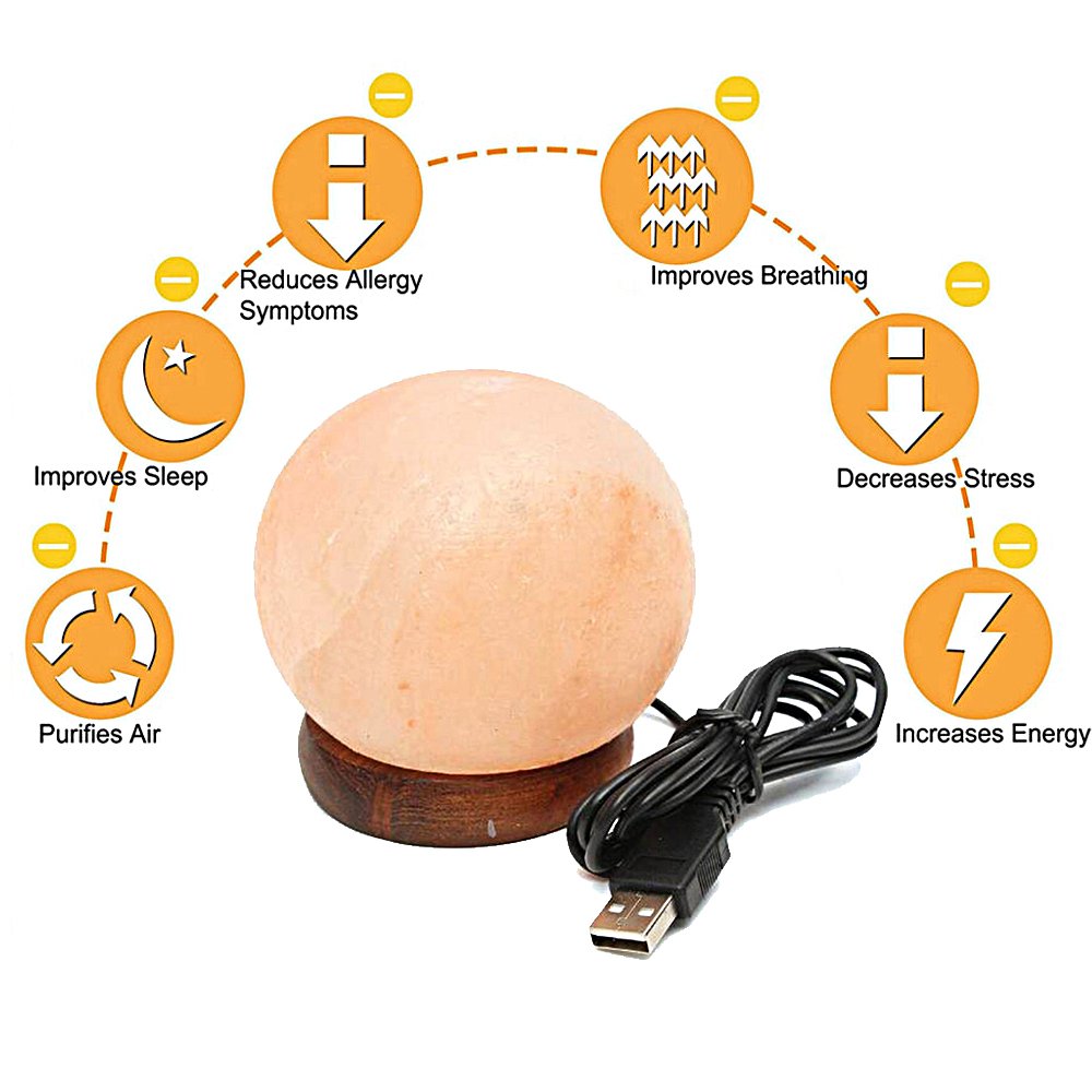 Niubity Himalayan Pink Natural Salt Lamp,USB Wooden Base Himalayan Crystal Rock Salt Lamp Air Purifier Night Light (Ball)