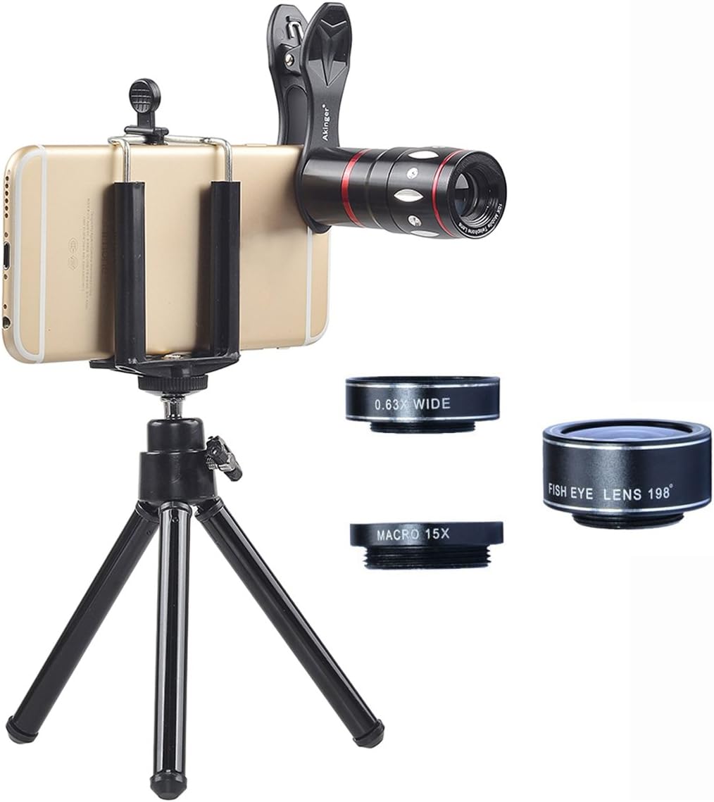 Akinger Universal Clip-on Phone Camera Lenses Kit for iPhone and Other Smartphone (4 in 1 (Black))