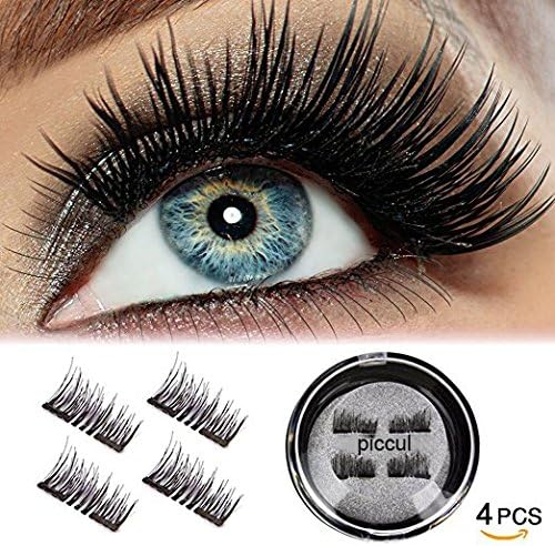 Piccul Magnetic False Eyelashes, 3D Black Dual Magnetic, Ultra Thick Ultra Solf And Long for Entire Eyes, Glamorous, Natural Look, Handmade Reusable Eyelashes (Black) 1 Pair/4Pcs
