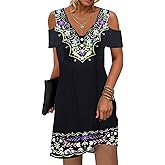 SAUKOLE Women’s Summer Dresses Casual Cold Shoulder Sleeve Dress V Neck Pleated Front Sundress with Button