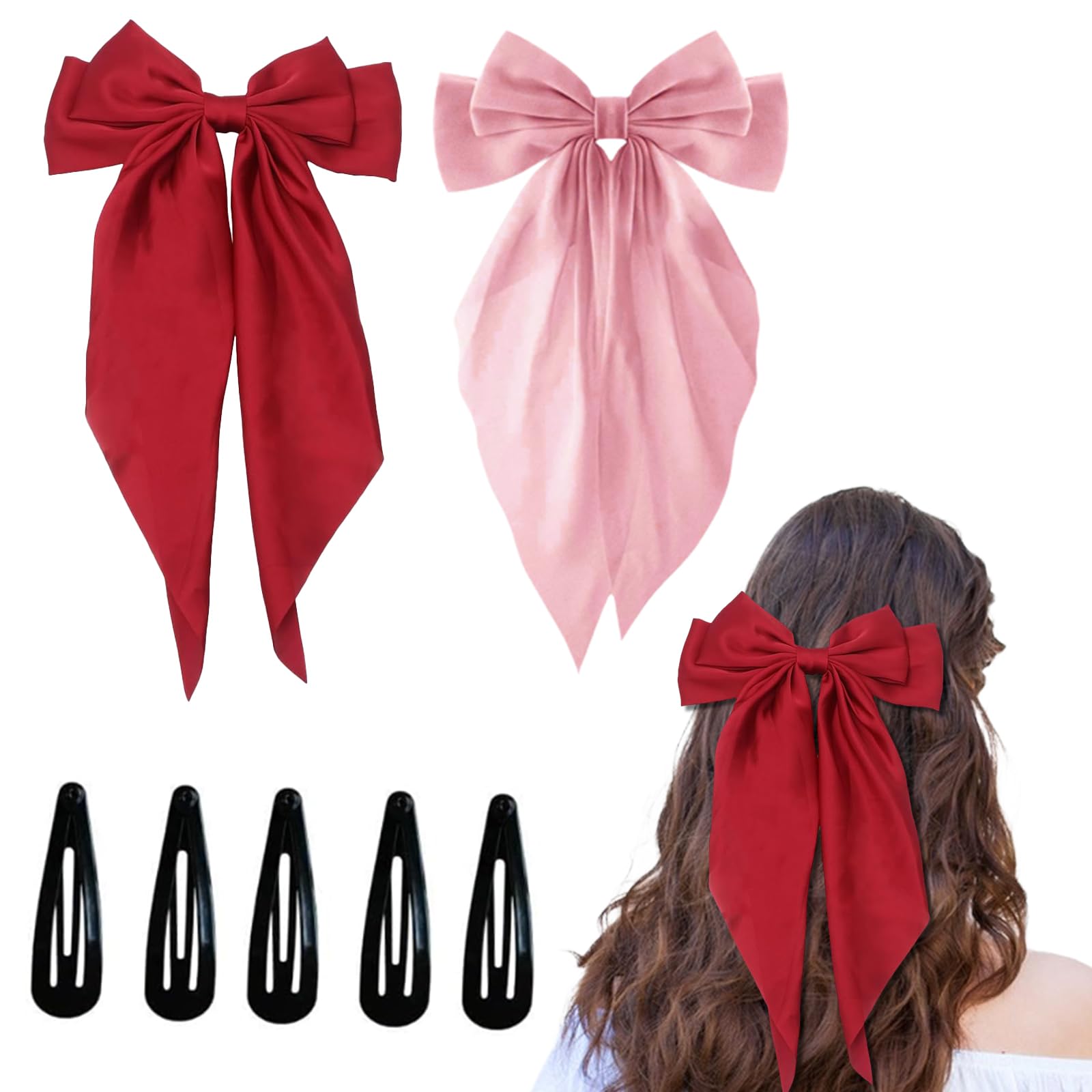 Leogony 2PCS Large Pink and Red Satin Hair Bow, Long-Tail Bow Hair Clips for Women