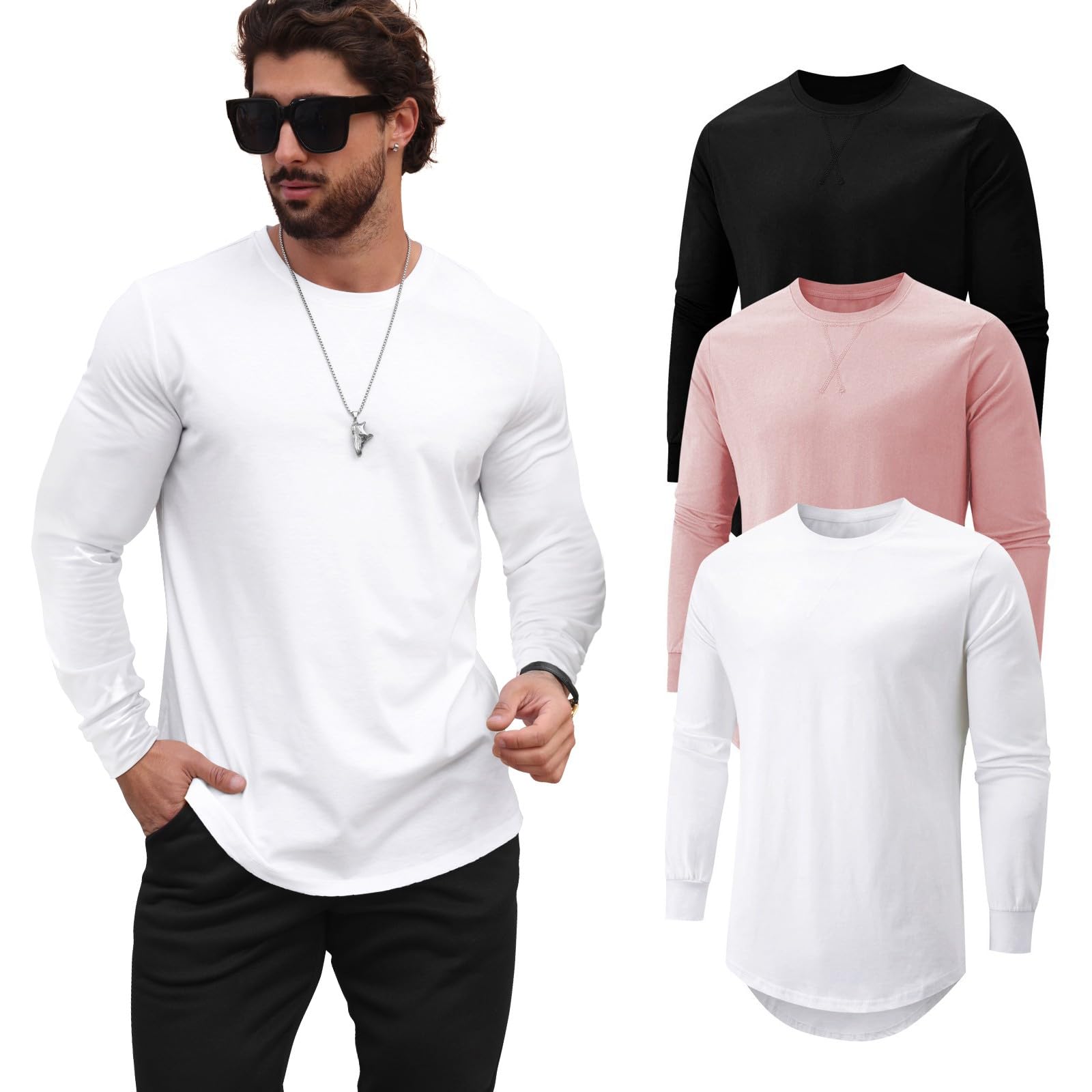 Mancozy 3 Pack Long-Sleeved T Shirts Casual Hipster Hip Hop Longline Crewneck Long-Sleeved Tee Shirts 2X-Large Image