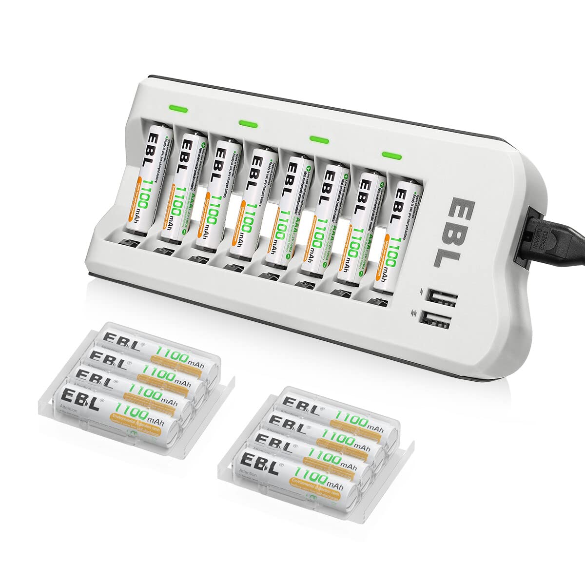 EBL単4電池 充電式 充電器セット 充電池 単4*16本パック(1100mAh) +充電器 スマホ充電可 単三 単四ニッケル水素/ニカド充電 防災電池 収納ケース付き たんよん電池充電式 の商品画像