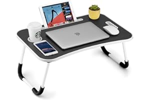 FISYOD Foldable Laptop Table, Portable Lap Desk Bed Table Tray, Laptop Stand with Cup Holder & Tablet Slot & Lifting Handle for Working Writing Drawing & Eating (Black)