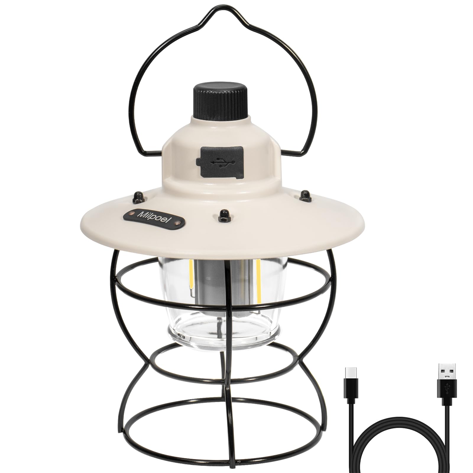 Milpoel Camping Lantern Rechargeable, Camping Light Dimmable 3 Modes for Tents, 2000mAh USB-C Charging, Decorations Function for Garden Outdoor Camping, Hiking (White)