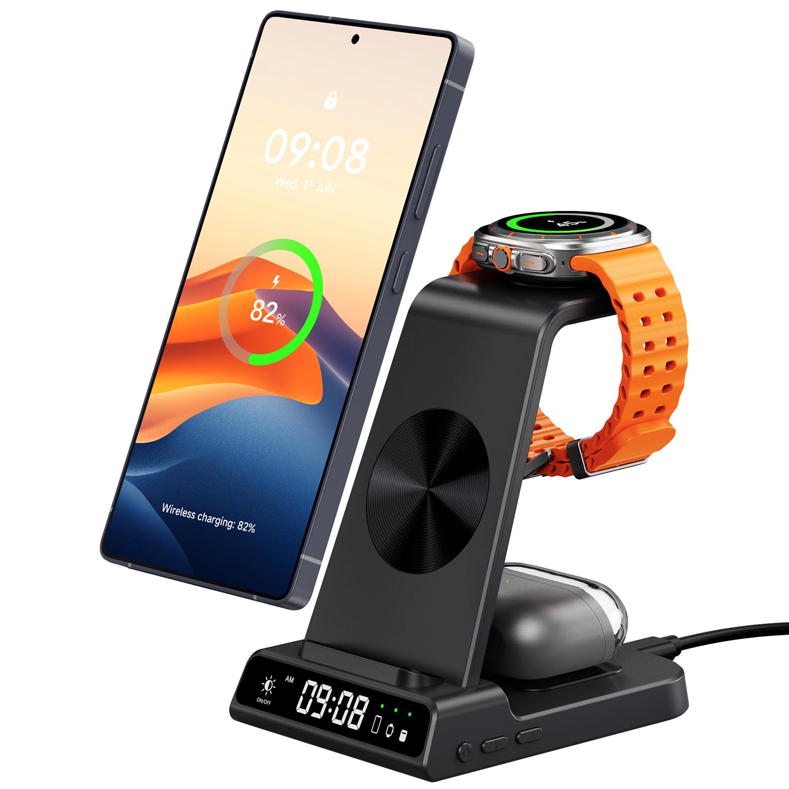 Wireless Charger for Samsung Devices, Wireless Charging Station for Galaxy S25 Ultra/S25+/S25/Z Flip7/Z Fold/S24 Ultra/S23/S22/S21, for Galaxy Watch 8/8 Classic/7/Ultra/6/5 Pro (Black)