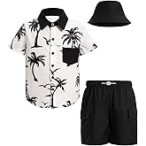 IBTOM CASTLE Boys Hawaiian Button Down Shirts and Short Sets with Bucket Hat Kids Summer Vacation Outfits Tropical Shirt
