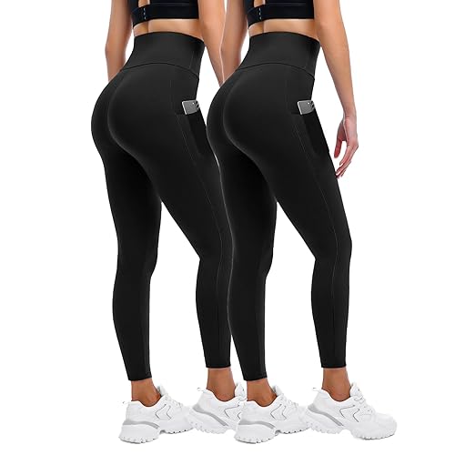 Sanpetix Leggings for Women UK with Pockets, 2 Pack Gym High Waisted Leggings for Workout Running Yoga Black XXL