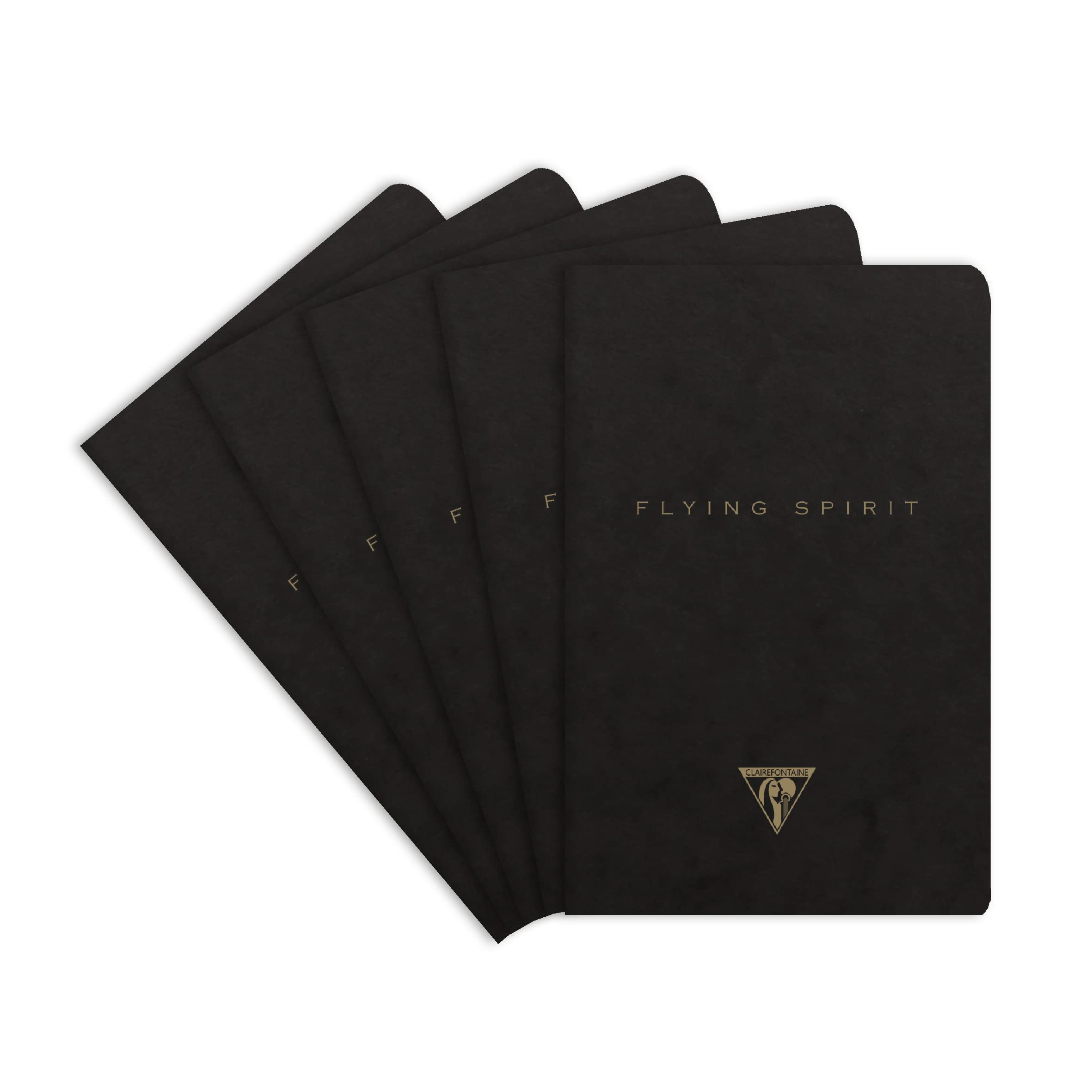 Clairefontaine 102586C - A pack of 5 Flying Spirit thread-stitched notebooks 96 ivory pages 9x14 cm 90g lined, black glossy card cover, assorted pattern