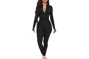 Mizoci Women's Sexy One Piece Jumpsuit Bodycon Long Sleeve V Neck Zipper Full Bodysuit
