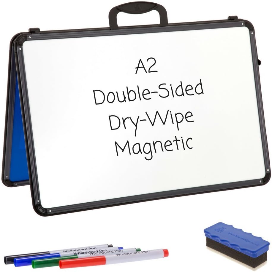 Wedge Whiteboards - A2 - Dry Wipe/Magnetic/Double Sided/Portable/Table Top White Board with Magnetic Board Rubber and 4 Dry Erase Pens - Teaching Aid/Early Years/Planning/Notice Board