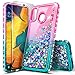 Galaxy A20 Case, Galaxy A30 Case with Tempered Glass Screen Protector, NageBee Glitter Liquid Floating Waterfall Durable Girls Women Cute Case for Samsung Galaxy A30/A20 (6.4 Inch) -Pink/Aqua
