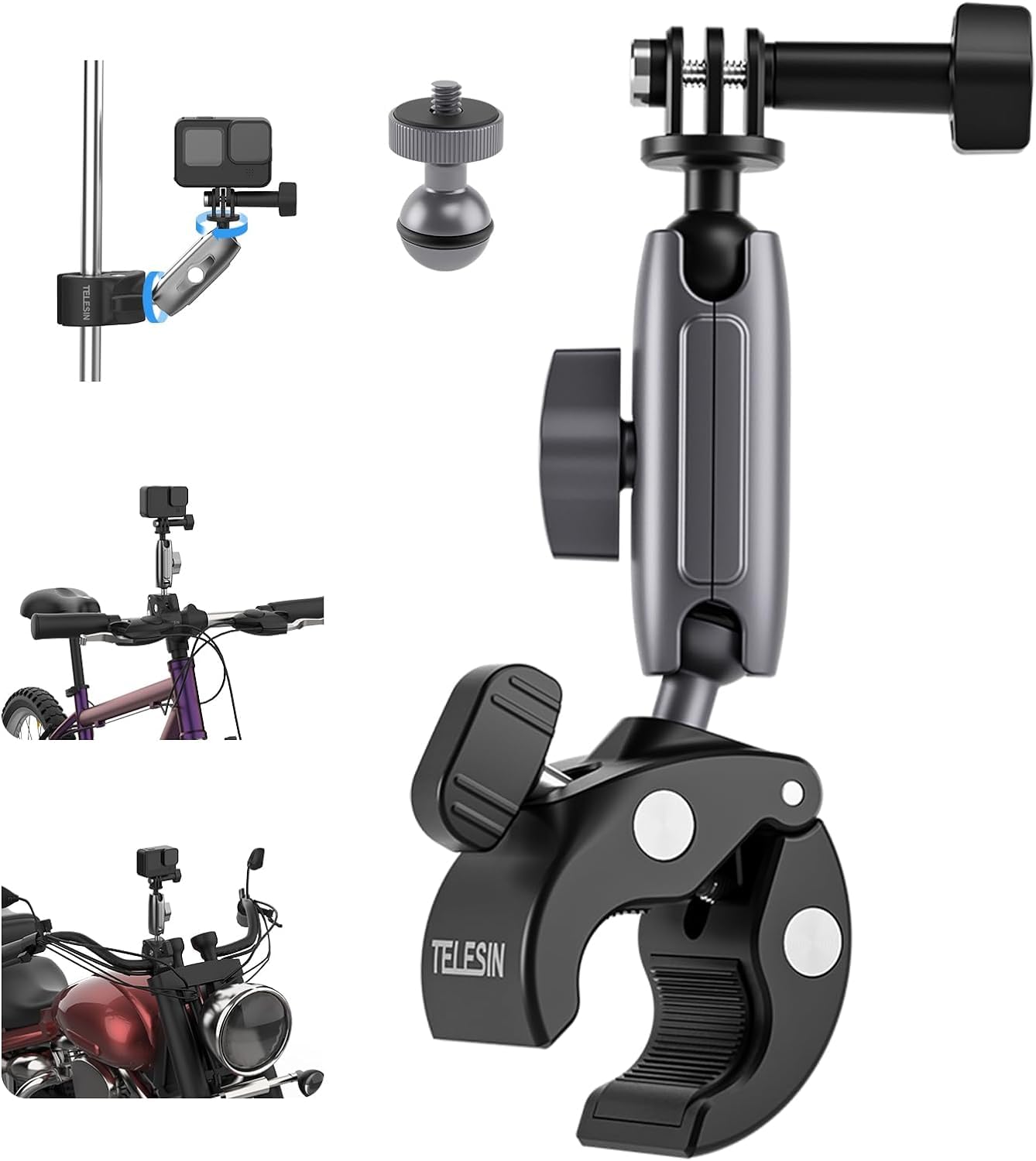 TELESIN Universal Handlebar Tube Clamp Mount for Sport Cameras (Aluminium)