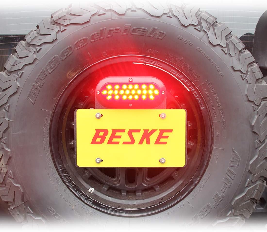 BESKE Jeep Wrangler Spare Tire Plate Mount with LED Driving Lights and
