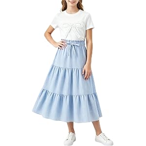 Girls 3D Bowknot Short Sleeve T-Shirt with A-Line Swing Maxi Skirt 2 Piece Outfit Sets for 7-15 Years