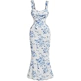 GORGLITTER Women's Floral Summer Wedding Guest Dress Ruched Cocktail Party Bridal Shower Formal Beach Midi Sun Dresses