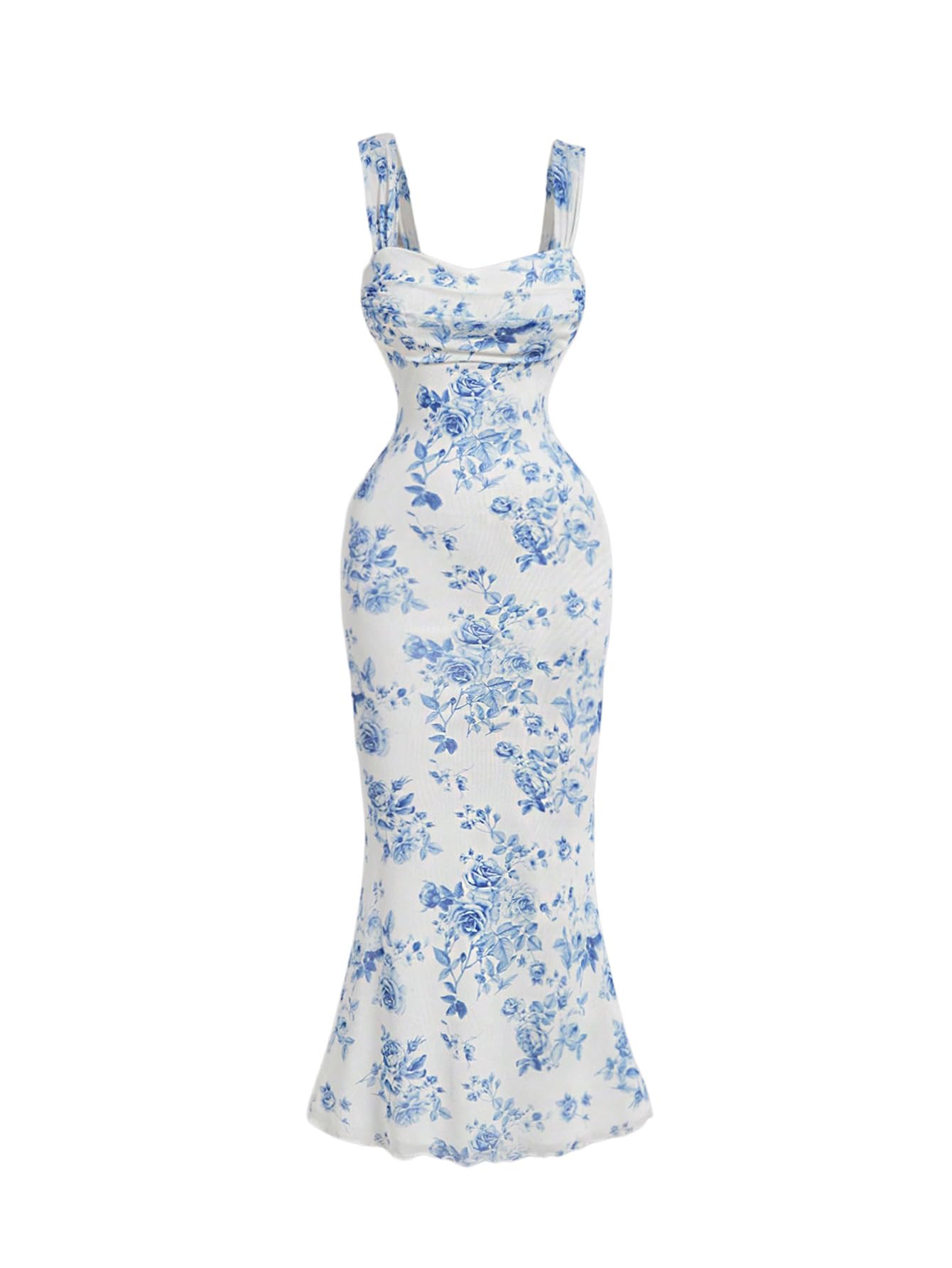 Photo 1 of GORGLITTER Women's Floral Ruched Bodycon Summer Wedding Guest Dress Mesh Fishtail Cocktail Midi Sun Dresses 2025 Blue and White Small