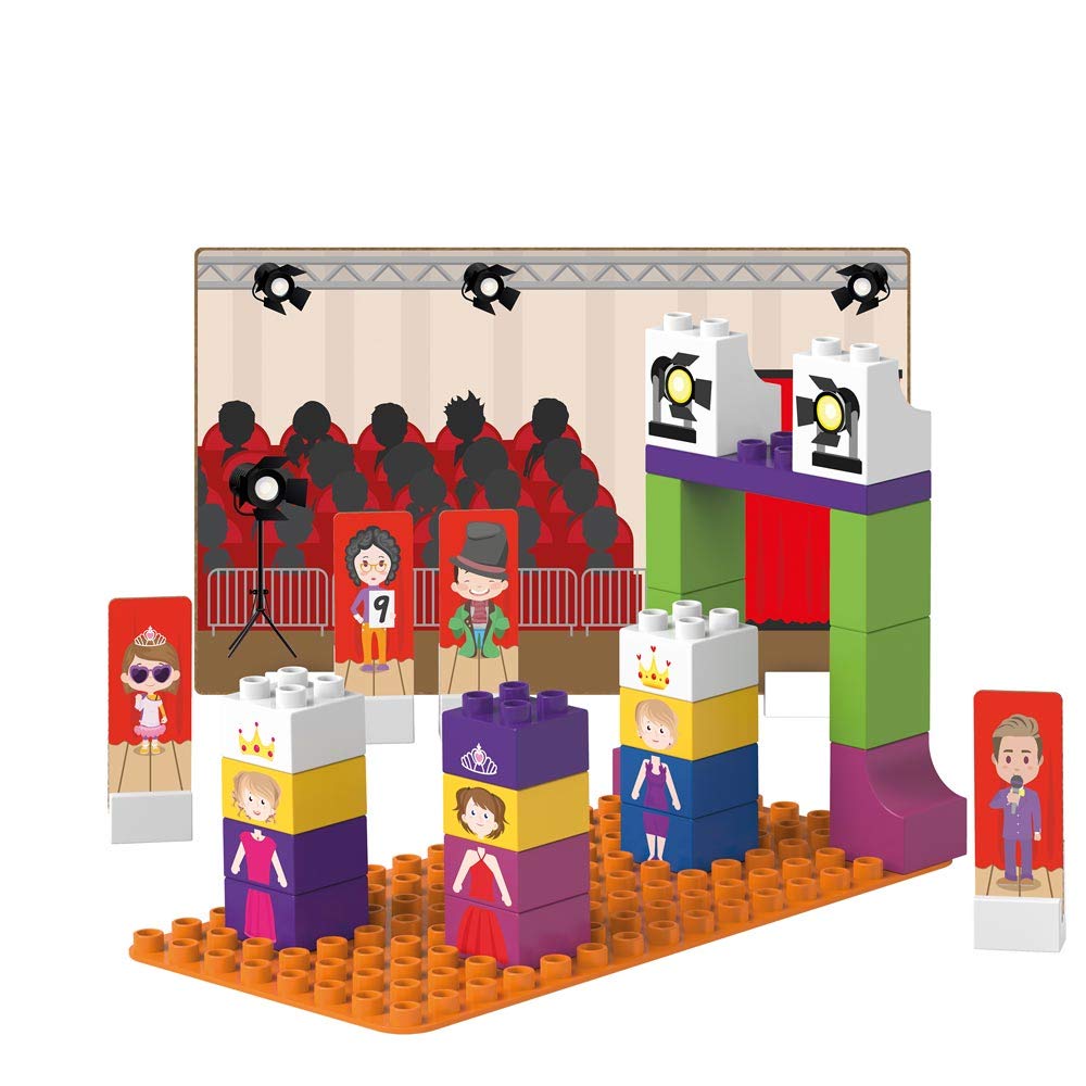 BiOBUDDI BUILDING BLOCKS - CATWALK PLAY SET, 28 BLOCKS, 9 PUSH-OUT CARDS