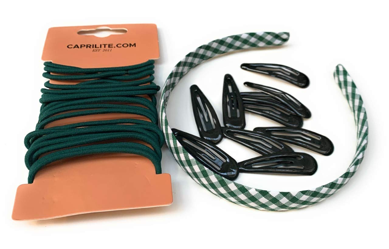 Mega Girls' School Hair Accessories Bundle Set - Gingham Checked Headband Snap Clips Bobbles Hairbands (Dark Green)