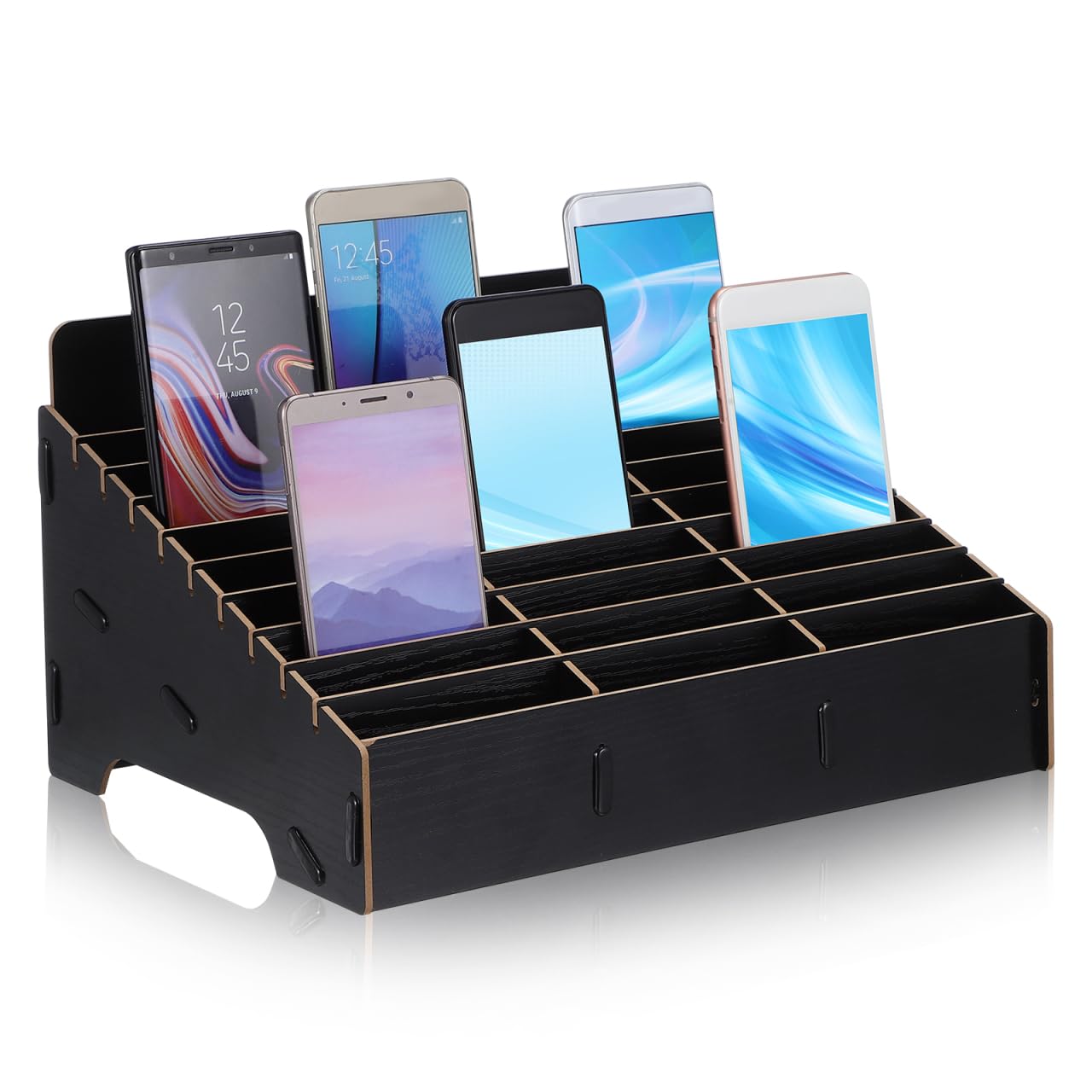 Operitacx Mobile Phone Storage Box with Lid 30 Compartments Wooden Desk Organiser for Classroom Office Repair Shop Desktop Storage