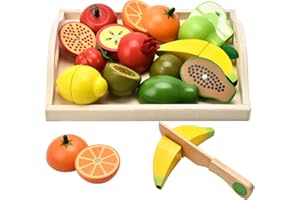 CARLORBO Wooden Toys for 2 Year Old - Pretend Play Food Set for Kids Play Kitchen,9 Cuttable Toy Fruit and Veg with Wooden Knif and Tray,Gift Idea for Boys Girls Birthday