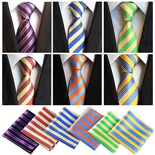 Lot 6 Pcs Mens Ties and 6 Free Matching Pocket Squares, Men's Classic Tie Necktie Woven Jacquard Neck Ties Gift box packing (6+6 style 08)