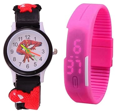 S S TRADERS - Black Cute Spiderman Kids Analogue Watch and Pink Led Pipe watches for Kids (Boys) - Best Return Gift for Kids