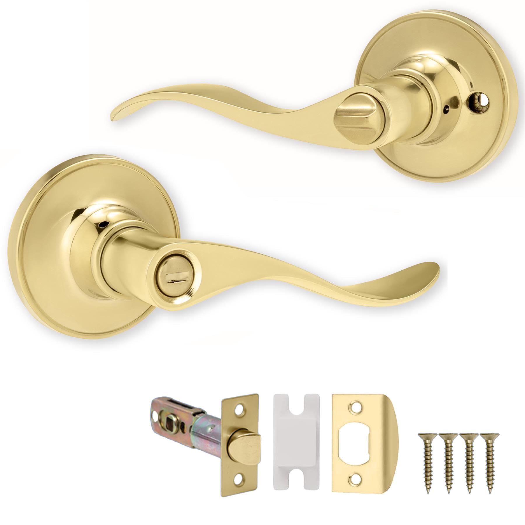 XFORT Cabriole Privacy Knob Set Polished Brass, Keyless Door Knob with Lock for Internal Wooden Bathroom Doors, Complete Set with Tubular Latch