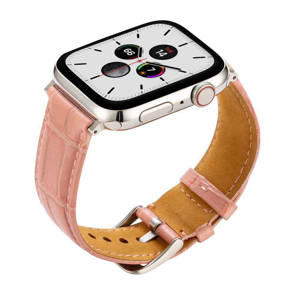 Buckle & Band Miam Luxury Compatible Apple Watch Strap Pink Genuine Leather Band with Silver Buckle for Series 1, 2, 3, 4, 5, 6, 7 42mm, 44mm, 45mm, 49mm