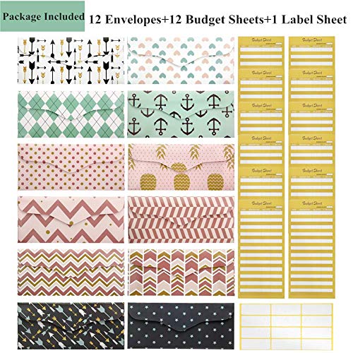 Colovis 12 Pieces Budget Envelopes, Cash Envelopes System for Cash Saving Money Budget Plus 12 Pieces Budget Sheets and 1 Piece Label Sheet