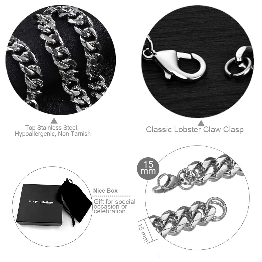 Mens Stainless Steel Silver Tone 7-40 inch 15MM Heavy Cuban Curb Link Chain Necklace Bracelet