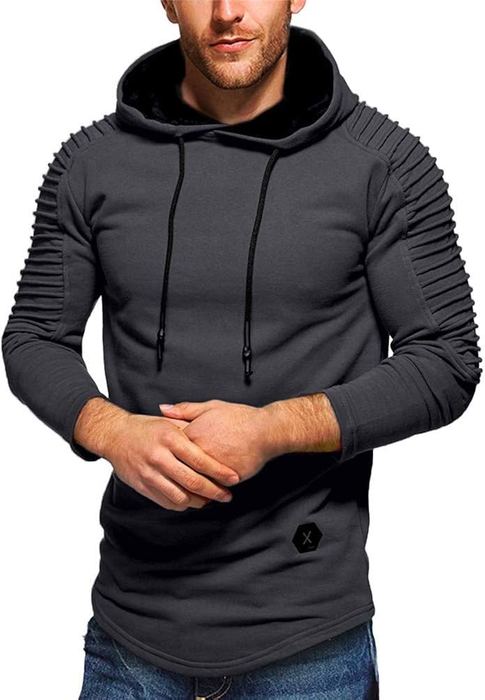 solid pleated sleeve patch detail long fleece hoodie