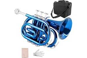 Yinfente Bb Flat Pocket Trumpet Bass Trumpet For Beginner,Student With Cleaning cloth, Silver plated 7C mouthpiece,hard case White gloves (Blue)
